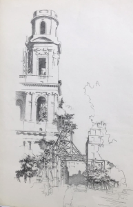 crayon sur Cansson 65x40 projet virtuel sur la tour droite de St Sulpice 1984