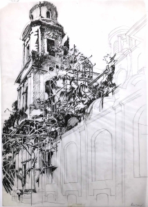 plume sur papier pour projet virtuel sur la tour droite de St Sulpice 65x40 1984