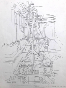 tracé pour projet virtuel sur la tour droite de St Sulpice 65x40 1984