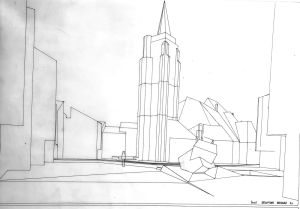 Détail de sculpture projetée sur la place centrale. Non réalisé