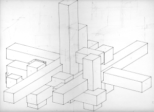 axonométrie pour la construction d'un fontaine a Bobigny L.7m H.3,50 cm 1973