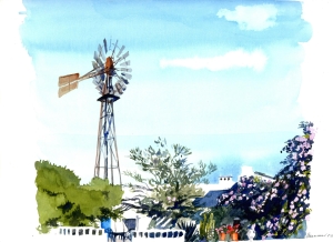 l'éoliènne aquarelle sur le vif proche d'Essaouira Maroc dim: 40x30 1994